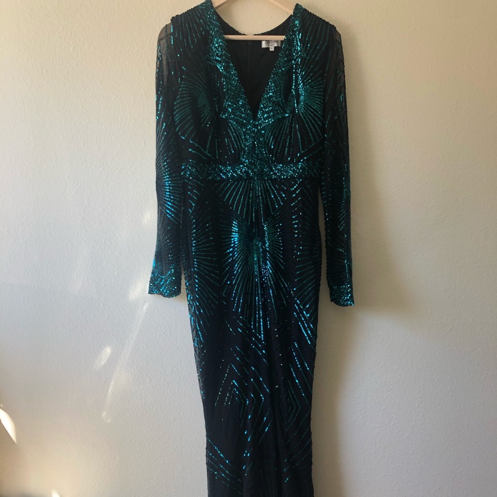 Emerald green/ black sequined formal maxi dress